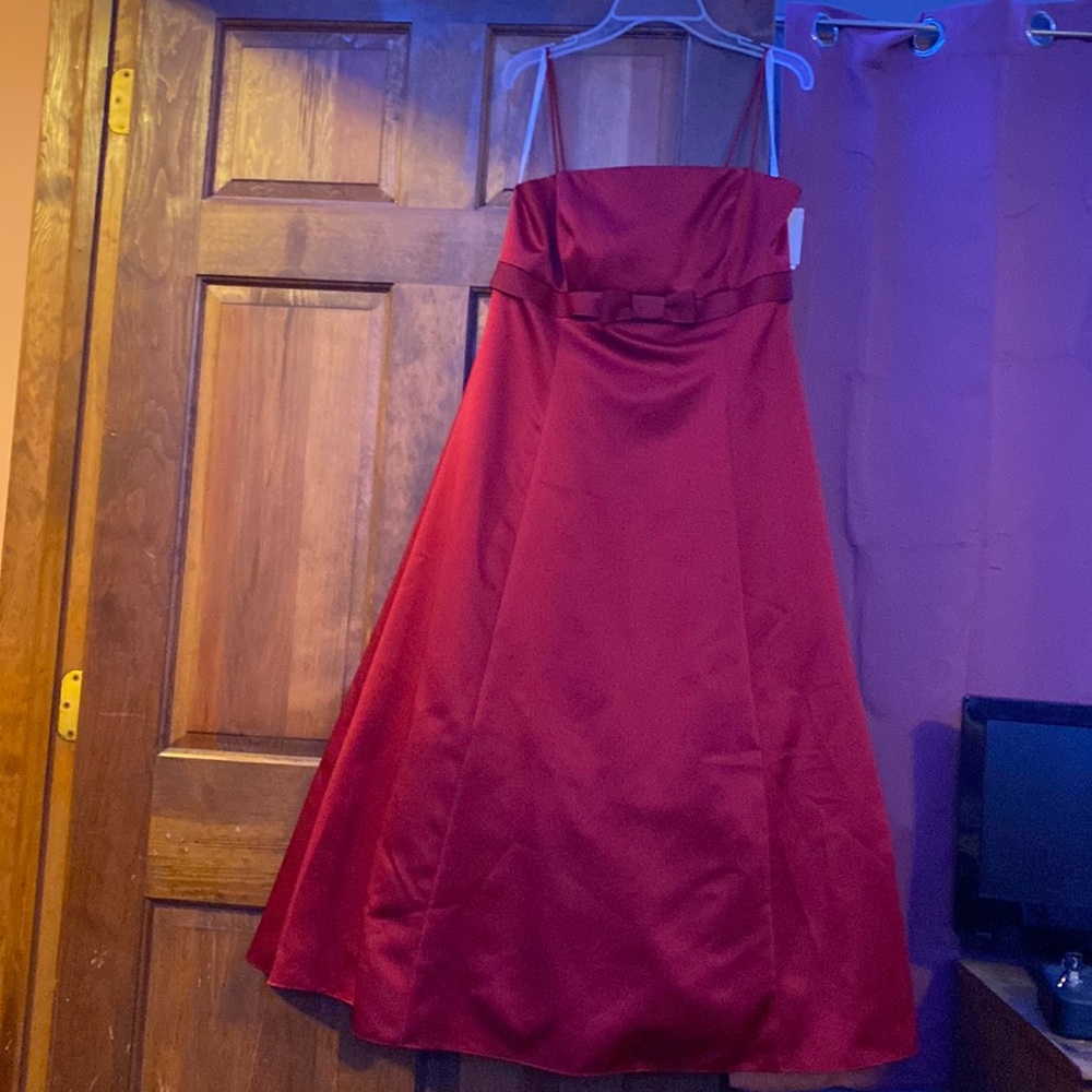 red womens tea length dress